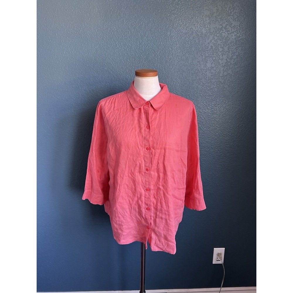 Chico's No-Iron Linen Button-Up Shirt Coral Pink 3/4 Sleeve Lightweight Top SZ 3